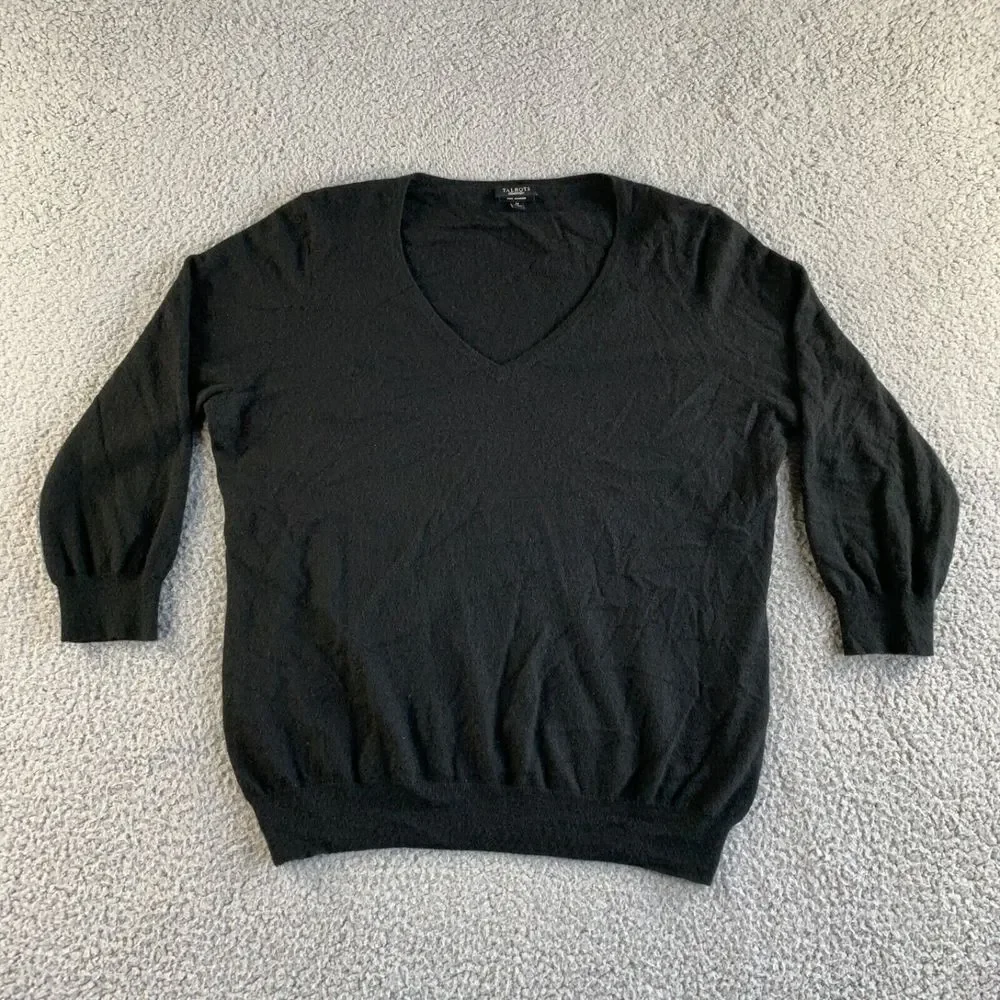 Talbots Sweater Womens Medium Black Pure Cashmere Pullover V Neck 3/4‎ Sleeve
